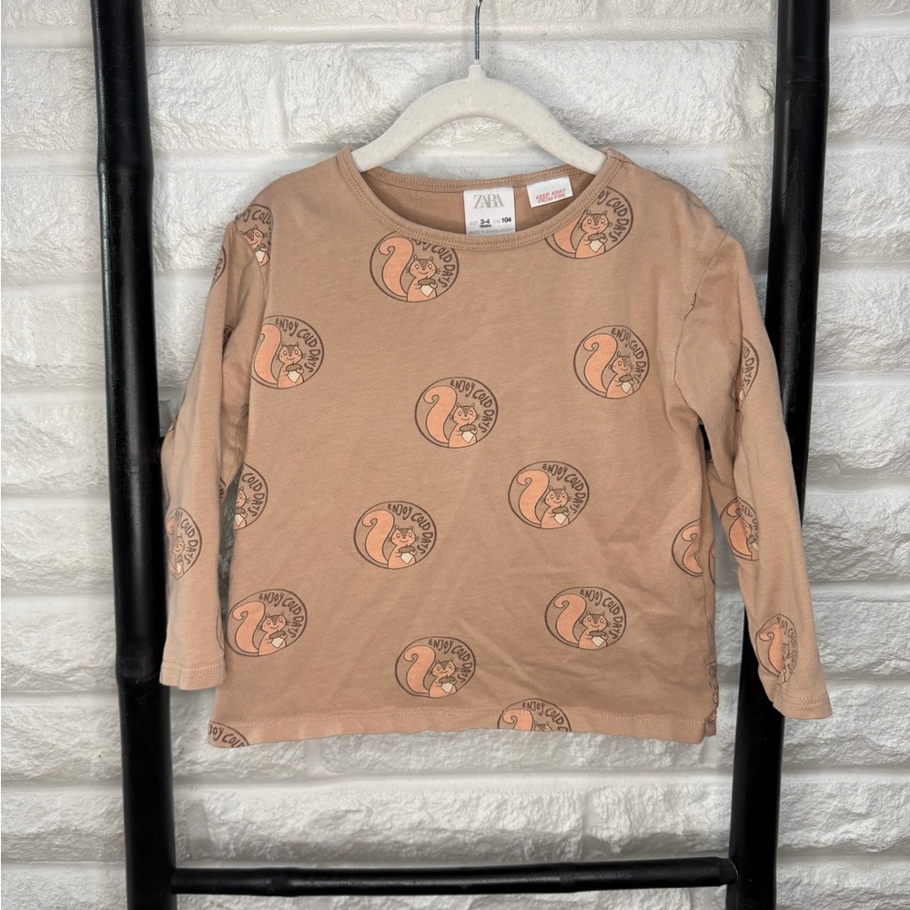 Zara Kids Long-Sleeve Tan Top with Squirrel Print
